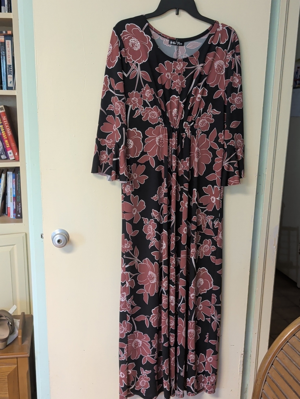 Black Maxi Dress with Rust Color Floral Print